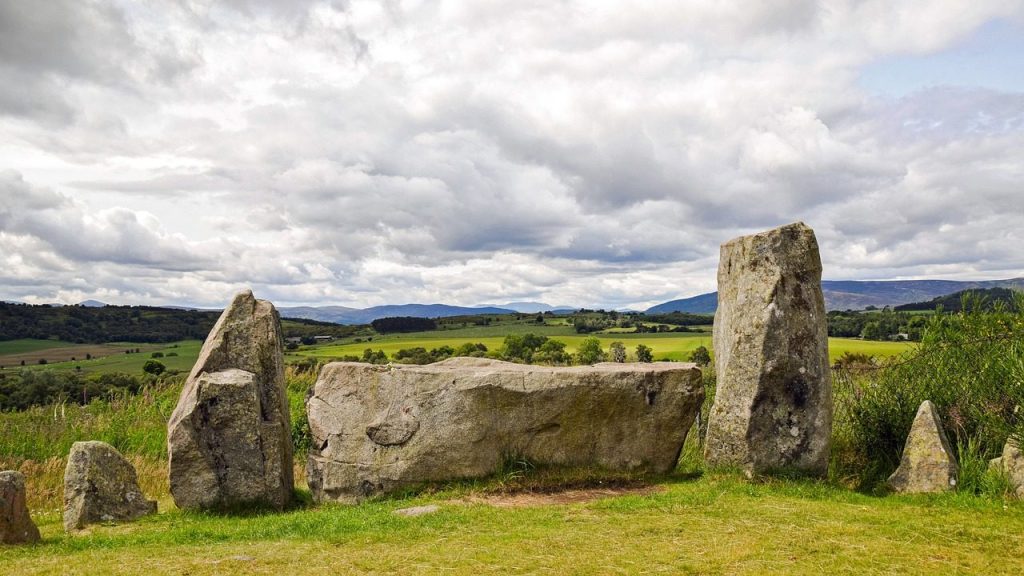 scotland, aberdeenshire, dee-valley, stone circle, old, nature, historical, mystical, heaven, clouds, meadow, landscape