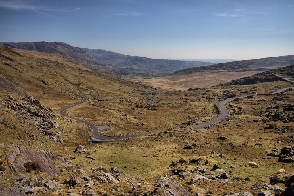 landscape, scenic, view, road, nature, mountain, twisty, track, ireland, healy pass, mountains, brown road, brown mountain